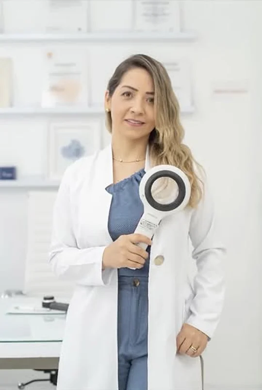 La Dra. Diana Cardozo con un dermatoscopio en su consultorio